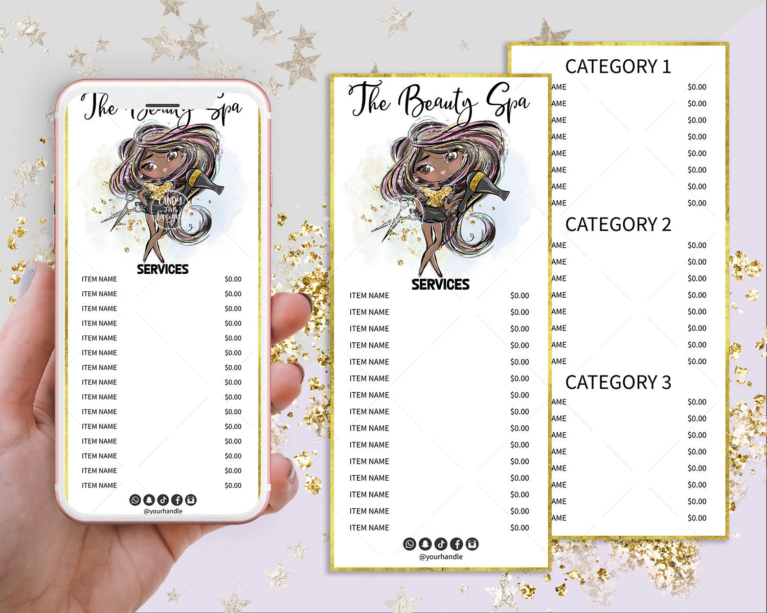Hair Salon Menu Card Tag, Hair Price List, Hair Stylist Menu, Beauty Salon Card, Printable, Editable, Brown, CJ052-06v1-dw-PRCW-FEA