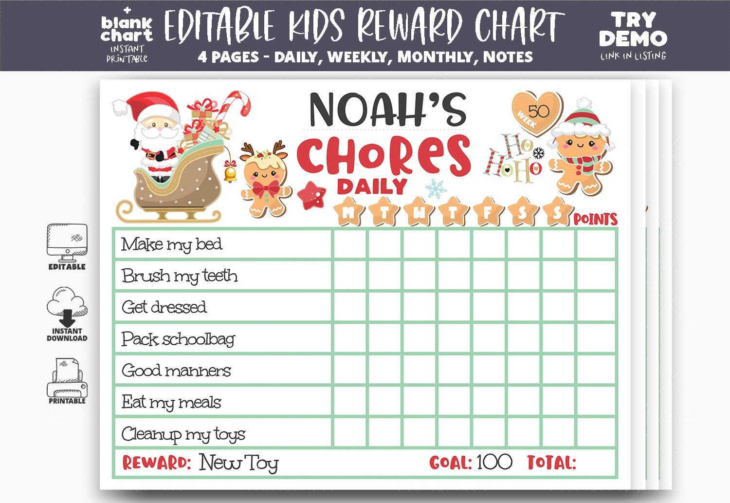 christmas chores reward chart, santa claus list, chore chart kids