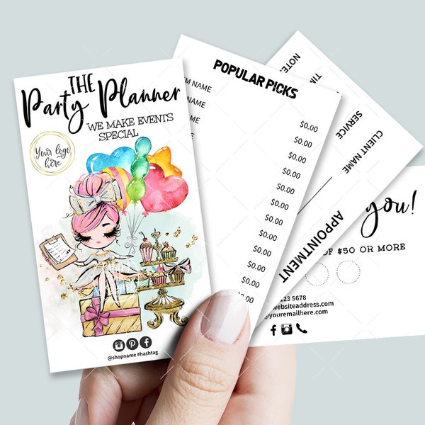 Party Planner Events Business Card Set, Mini Menu Card, Appointment Card, Loyalty, Editable, Printable, Pink, CJ009-26v1-fp-BIZV-FEA