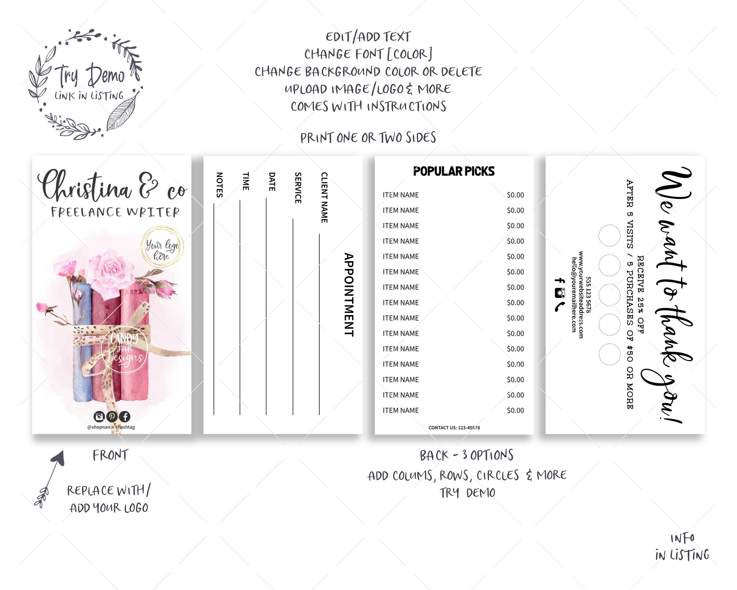 Freelancer Writer Business Card Set, Mini Menu Card