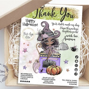 Halloween Catering Thank You Card, Business Autumn Insert, Food Witch Tag, Restaurant Packaging, Editable, Black, CJ228-04v1-db-ISRV