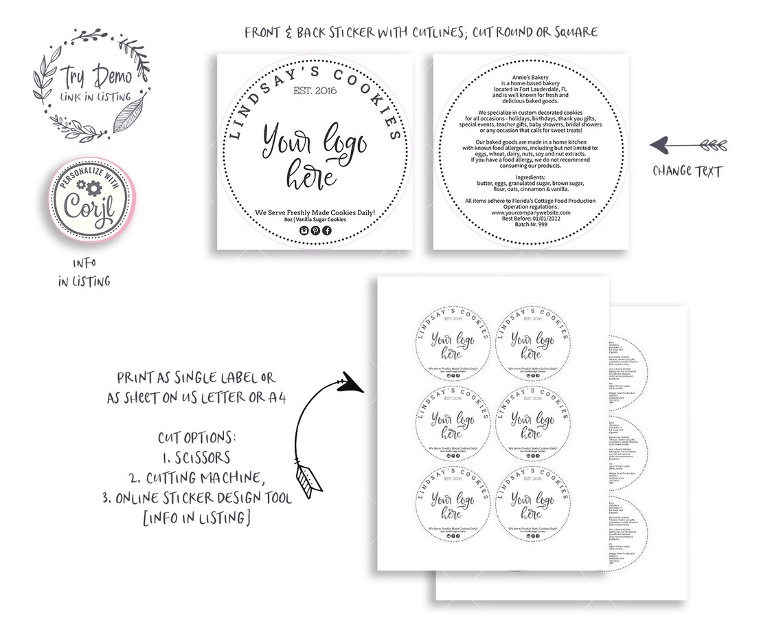 Editable Cookie Bakery Food label Sticker Template Food | Etsy