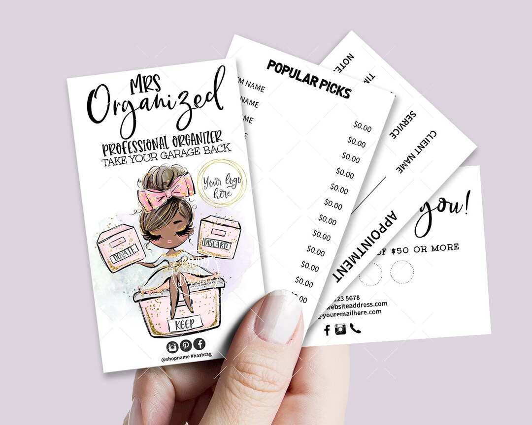 Professional Organizer Business Card Set, Mini Menu Card, Appointment