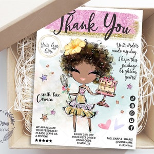 Cake Baking Insert Card, Tropical Bakery, Curly Woman, Pastry Tag, Cake Thank You, Editable, Printable, Brown, CJ233-01v1-dw-ISRV