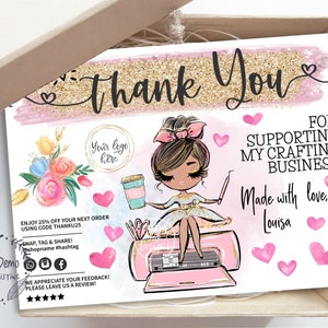 Handcrafter Thank You Insert Card, Crafting Girl Tag, Printable Packaging Insert, Editable Craft Tag, Brown, CJ010-02v1-mw-ISRH-FEA