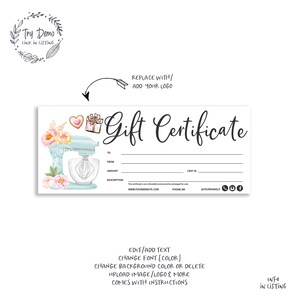 Bakery Gift Certificate, Bakery Coupon, Baking Gift Card, Pastry Shop, Kitchen Mixer, Printable ...