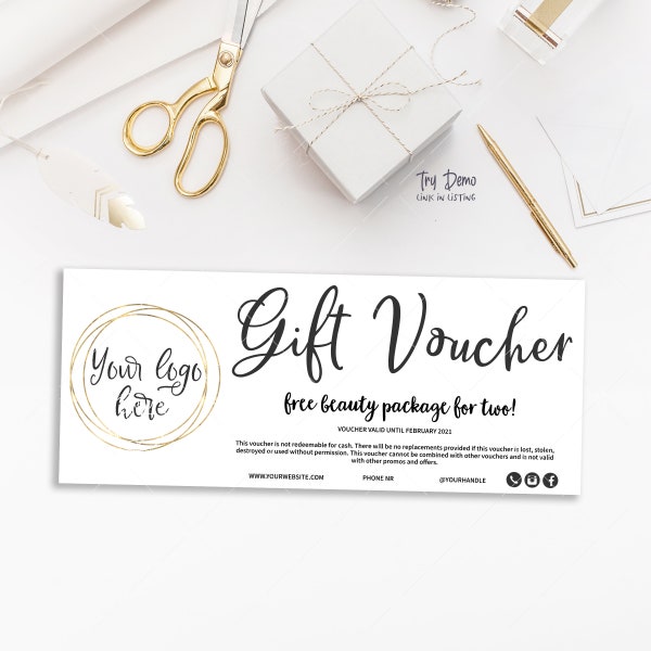 Gift Voucher Template 8.5 x 3.5", Printable, Editable, Blank Business Template, CJ100-01v1-VCH