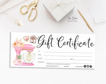 Bakery Gift Certificate, Bakery Coupon, Baking Insert Card, Pastry Shop, Kitchen Mixer, Printable Voucher, Pink, CJ001-01v1-CRT-FEA