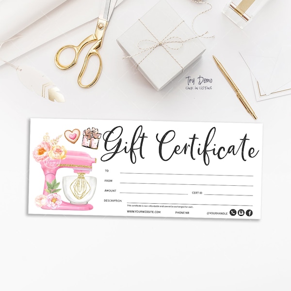 Bakery Gift Certificate, Bakery Coupon, Baking Insert Card, Pastry Shop, Kitchen Mixer, Printable Voucher, Pink, CJ001-01v1-CRT-FEA