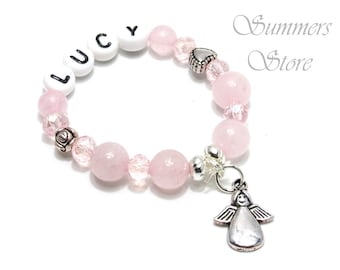 Baby bracelet rose quartz, guardian angel, personalized with desired name