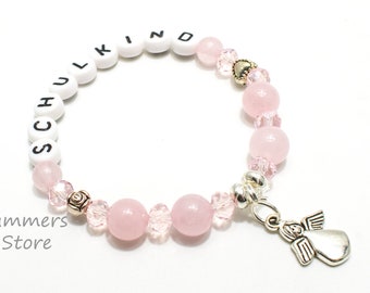 Bracelet for communion, gift girl, rose quartz, pink silver, with name, angel