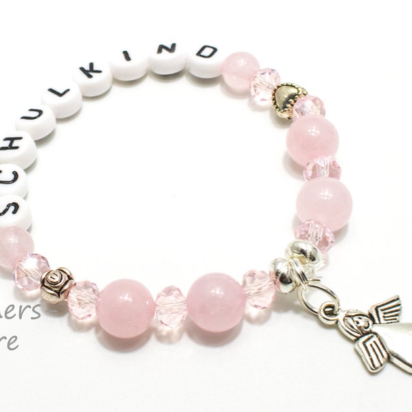 Bracelet for communion, gift girl, rose quartz, pink silver, with name, angel