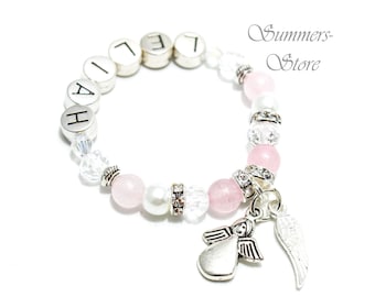 Baby bracelet named Rose Quartz, guardian angel, Metal letter