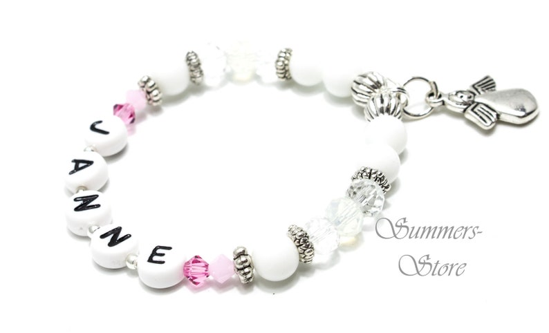 Communion bracelet with desired name jade white guardian angel image 2