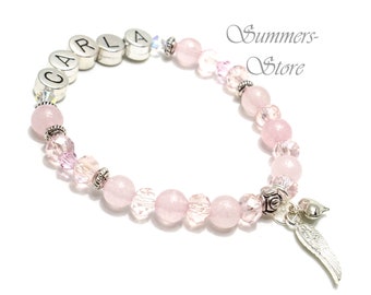 Bracelet with name girls, communion, enrollment, rose quartz with metal letters