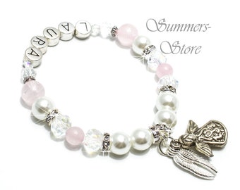 Bracelet named communion metal letters personalized rose Quartz