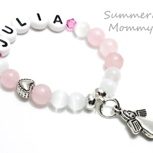 Baby bracelet with guardian angel personalized with name Rose Quartz image 2