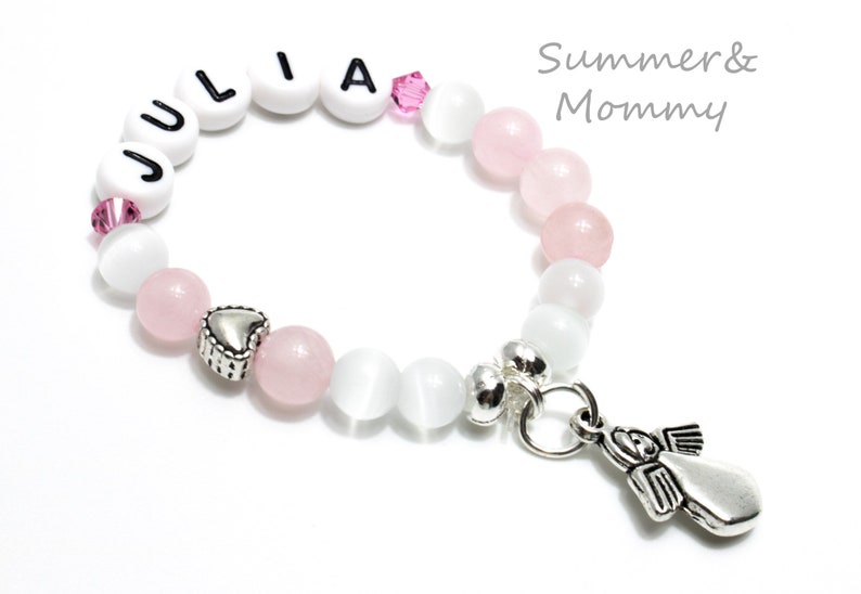 Baby bracelet with guardian angel personalized with name Rose Quartz image 2