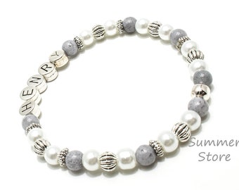 Name bracelet with metal letter Jade grey