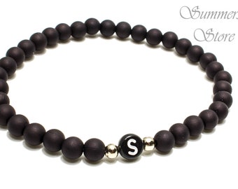 Partnerarmband, Armband personalisiert mit Namen,  matte schwarze Perlen, Namensarmband schwarz matt