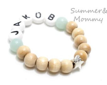 Armband mit Namen Holz Jade mint, Baby Mädchen/Junge Babyarmband, Taufarmband, Geschenk Taufe