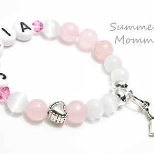 Baby bracelet with guardian angel personalized with name Rose Quartz image 1