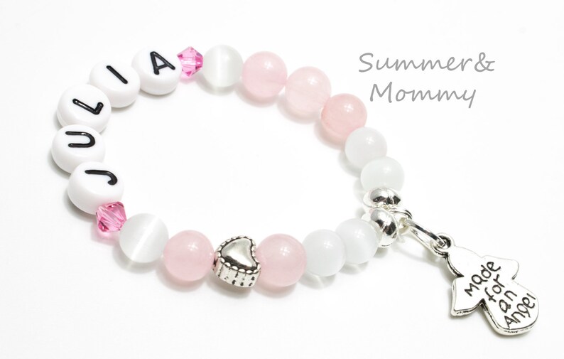 Baby bracelet with guardian angel personalized with name Rose Quartz image 1