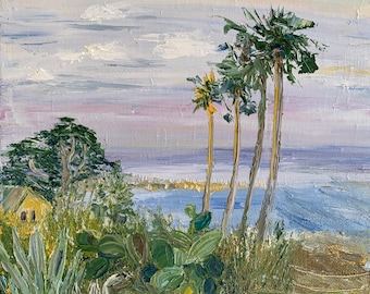 San Diego Beach Oil Painting – Palm Trees, Heavy Texture, Framed