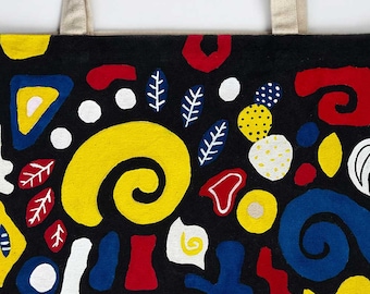 Hand-Painted Abstract Canvas Tote Bag – Colorful Shapes Design