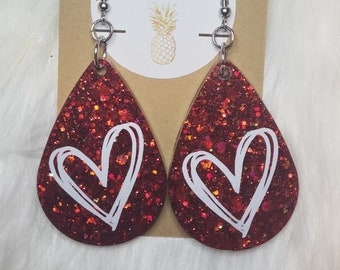 Valentine's Day Heart Glitter Teardrop Epoxy Earrings