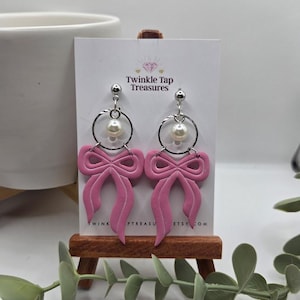 Handmade Pink Bow Earrings with Pearl | Polymer Clay Statement Dangles | Cute Kawaii Jewelry | Gift for Her