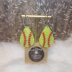 Softball Teardrop Shaped Glitter Epoxy Earrings