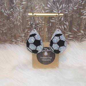 Glitter Soccer Teardrop Earrings: White Epoxy Resin, Game Day Jewelry