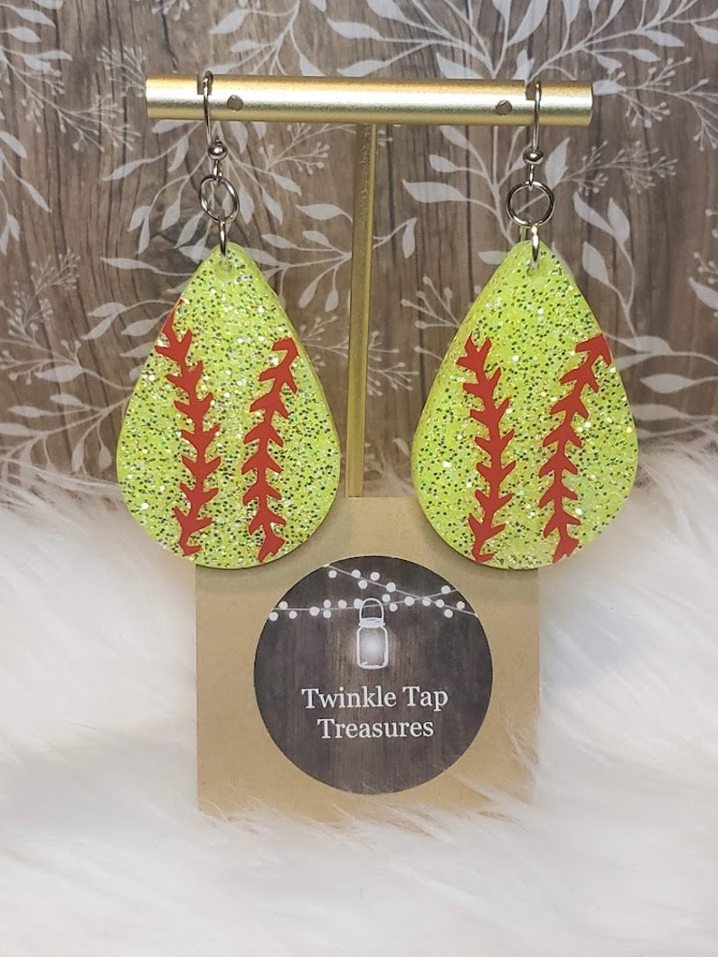 Softball Teardrop Shaped Glitter Epoxy Earrings image 3