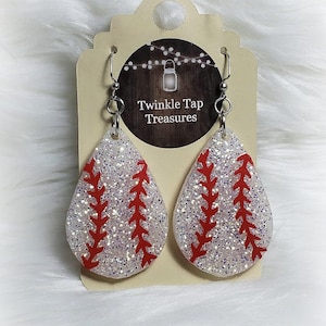 White Glitter Baseball Earrings: Teardrop Epoxy Resin, Baseball Mom Jewelry