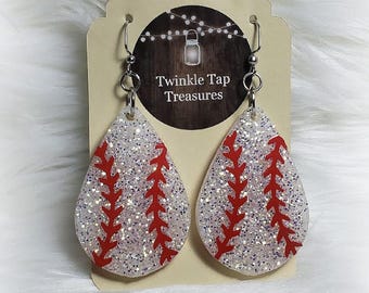 White Glitter Baseball Earrings: Teardrop Epoxy Resin, Baseball Mom Jewelry