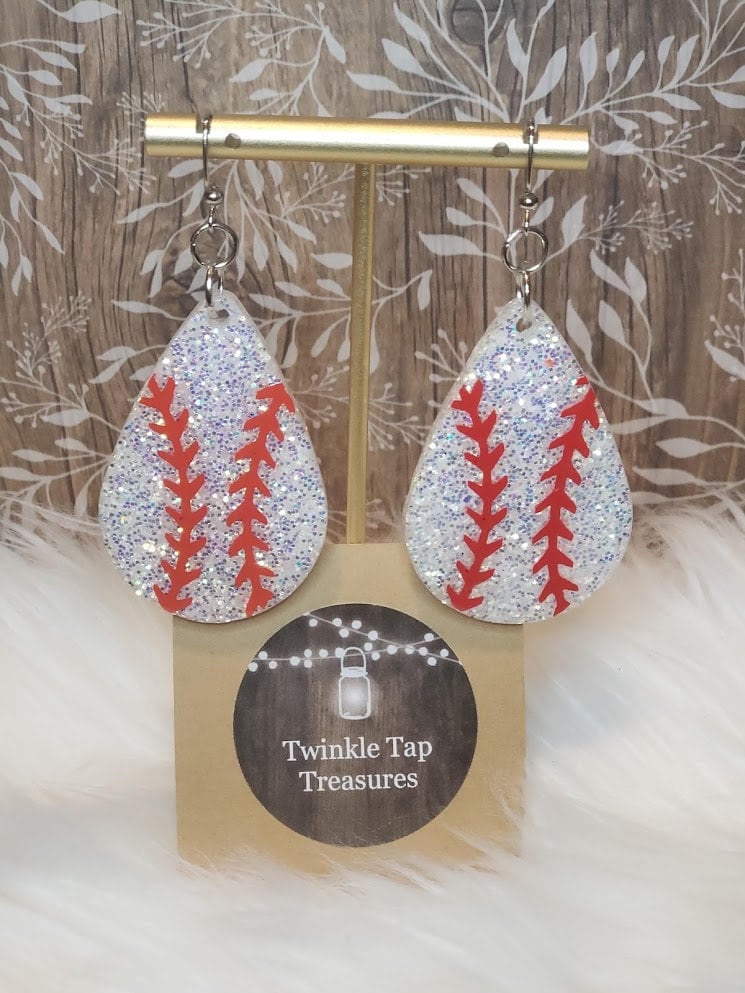 Baseball Teardrop Shaped Glitter Epoxy Earrings