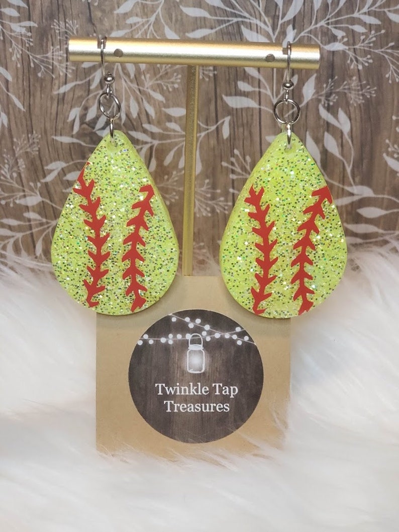 Softball Teardrop Shaped Glitter Epoxy Earrings image 2