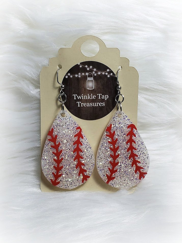 Baseball Teardrop Shaped Glitter Epoxy Earrings