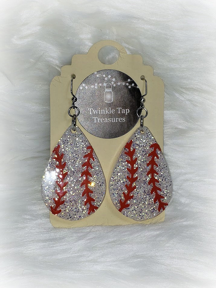 Baseball Teardrop Shaped Glitter Epoxy Earrings