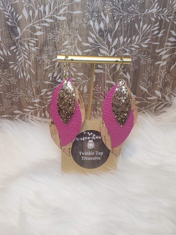 Layered Faux Leather Earrings: Cork, Raspberry & Gold Glitter Dangles