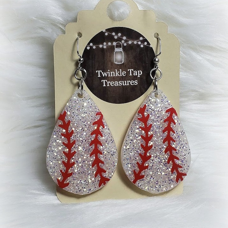 Baseball Teardrop Shaped Glitter Epoxy Earrings