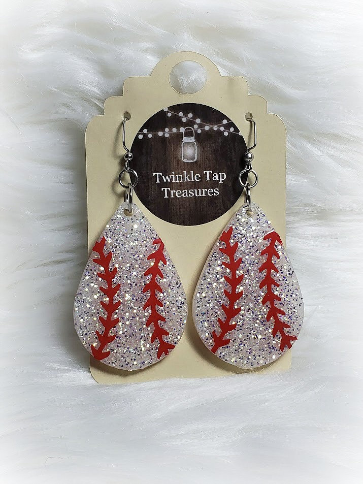 Baseball Teardrop Shaped Glitter Epoxy Earrings