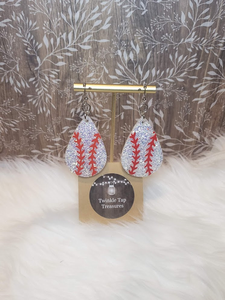 Baseball Teardrop Shaped Glitter Epoxy Earrings