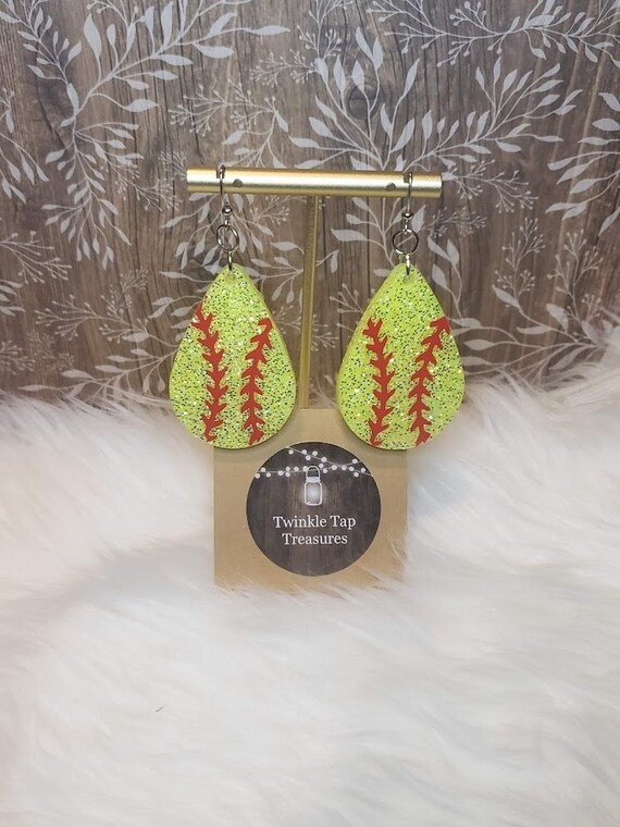 Softball Glitter Teardrop Earrings: Yellow Epoxy Resin, Game Day Jewelry