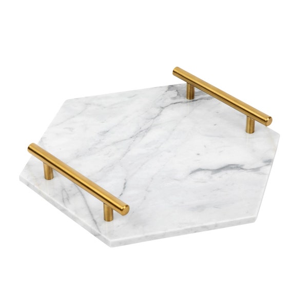 White & Grey Real Marble Tray with Gold Handles - Marble Perfume Tray for Vanity - Chic Modern Hexagon Tray