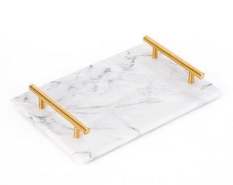 White Marble Tray with Gold Handles, Marble Perfume Tray, Elegant Solid Marble, Chic Modern Bathroom Tray, Vanity Jewelry Tray, Kitchen Tray