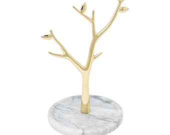 Marble Jewelry Tree - Gold Necklace Holder - Jewelry Stand For Necklaces & Rings - Jewelry Organizer in White or Grey