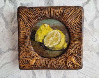 レモンの静物画 木製フレーム付き レモンの静物油絵：金色の楕円形フレームの手作りヴィンテージ装飾
