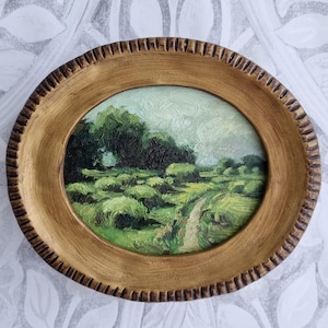 After hard work, oval framed countryside moody original oil landscape painting wall decor gift for friend impressionist wall gallery